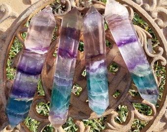 Blue Rainbow Fluorite Stone Double Terminated DT Generator White Purple Crystal Healing Reiki Wicca Witch Altar Pagan Metaphysical Shaman