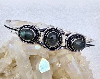 Labradorite Gemstone Cuff Bracelet Crystal Bali Sterling Silver Hand Crafted Reiki Chakra Crown Moon Energy Healing Psychic Stone