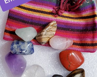 7pc Chakra Alignment Tumbled Crystal Set with Tapestry Bag 2 FREE Crystal Gemstones Wicca Reiki New Age Meditation Yoga Healing Gift