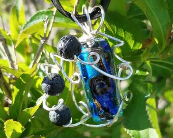 Oceans Magesty Beautifully Artistically Wire Wrapped Dicroic Glass Aromatherapy Lava Rose Gold & Bronze Pendant Handcrafted Silver Necklace