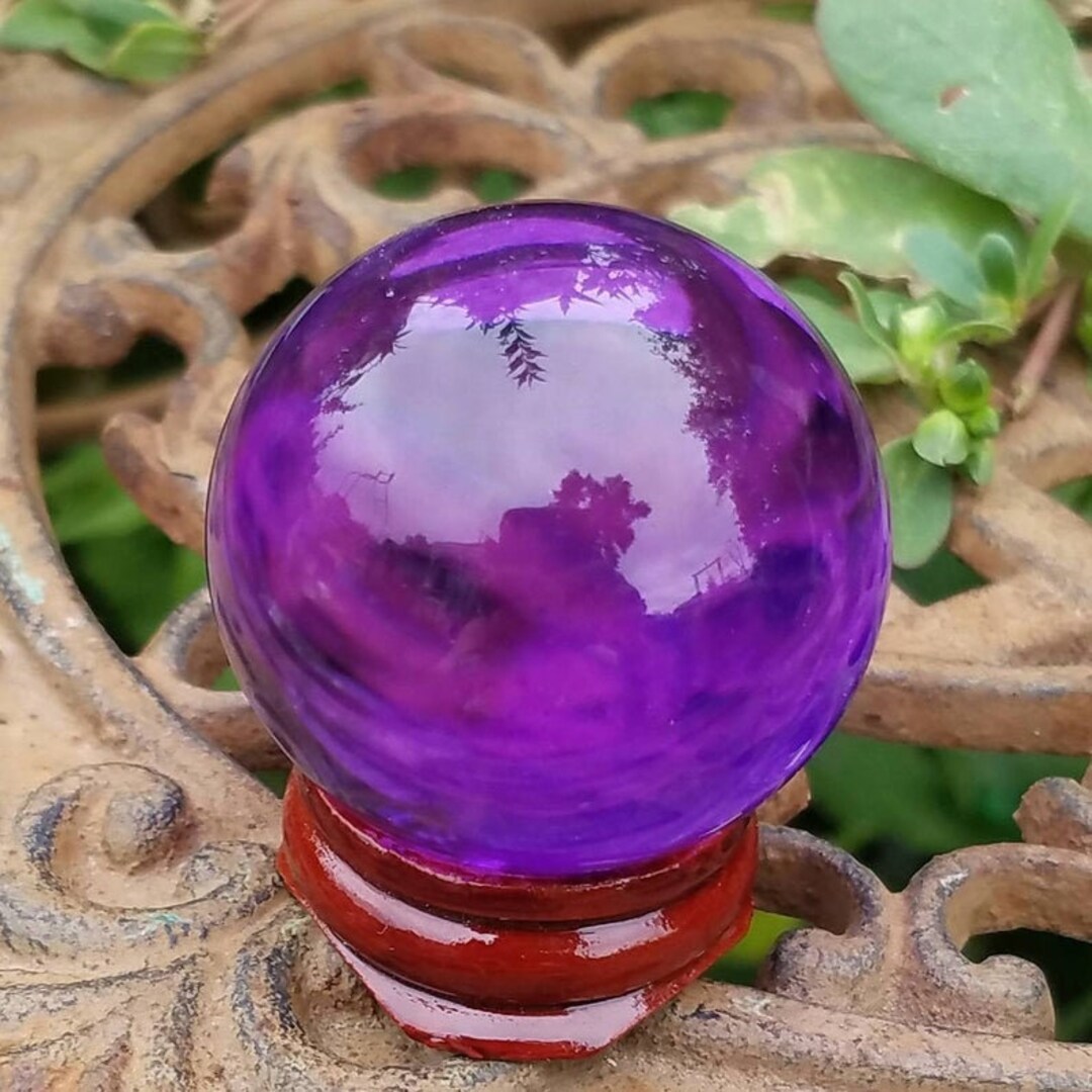 Purple Glass Crystal Ball Wood Stand 40mm Divination Gazing Sphere Scrying Orb Wiccan Pagan