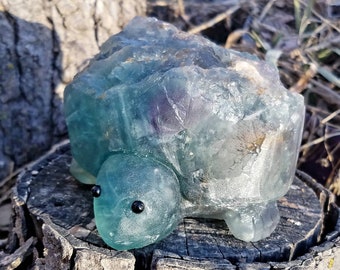 Turtle Tortoise Totem Rainbow Blue Fluorite Stone Statue Spirit Animal Crystal Hand Carved Earth Water Elements Adapt Manifest Create
