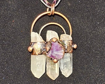3 Quartz Crystals Amethyst Hand Crafted Red Copper Pendant Quartz Gemstone Reiki Chakra Healing Jewelry Necklace Viking
