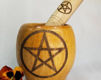 Large Witches Wooden Mortar Pestle Pentacle Pentagram Herb Grinding Kitchen Witch Herbal Apothecary Spice Wiccan Ritual Altar Tool Spell