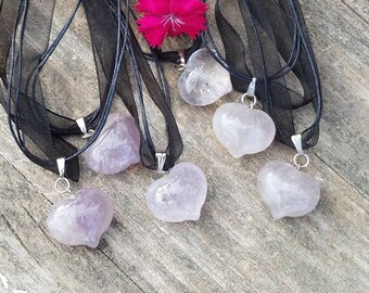 Lavender Amethyst Quartz Heart Necklace Pendant Crystal Hand Made Gemstone Chakra Reiki Healing Meditation Yoga Wicca Moon Reiki Witch