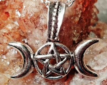 Triple Goddess Crescent Moon Pentagram Holy Trinity Necklace Pendant Silver Handmade Handcrafted Maiden Mother Crone Pagan Wicca Witch