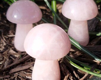 Rose Quartz Mushroom Carved Stone Crystal Healing Rainbow Portal Reiki Infused Wicca Chakra Witch Fairy Garden Decor Magic