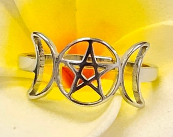 Triple Goddess Pentacle Pendulum Stainless Steel Silver Ring Witch Witches Wicca Witchy Pagan Wiccan Metal of Protection Adjustable Gift