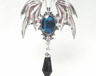 Large Gothic Bat Necklace Blue Black Silver Pagan Wicca Witch Charm Pendant Crystal Witchy Goth Boho