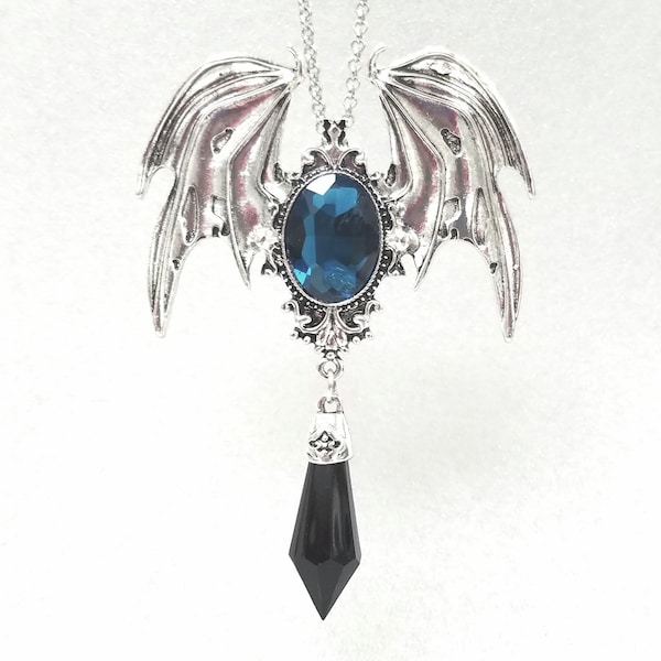 Large Gothic Bat Necklace Blue Black Silver Pagan Wicca Witch Charm Pendant Crystal Witchy Goth Boho