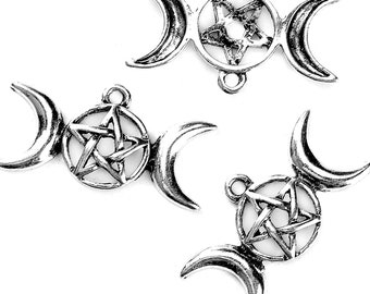 Triple Goddess Crescent Moon Charm Pendant Pentagram Holy Trinity Necklace Silver Stainless Steel Pagan Wicca Witch