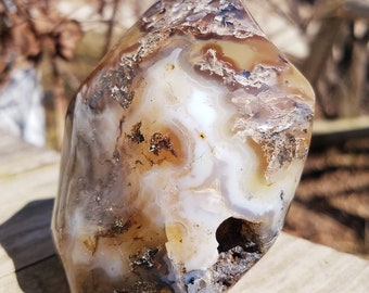 Moss Agate Flame Geode Hollow Natural Crystal Crystalline Specimen Statue Free Form Decor Collection Reiki Healing Gemstone Dendrite
