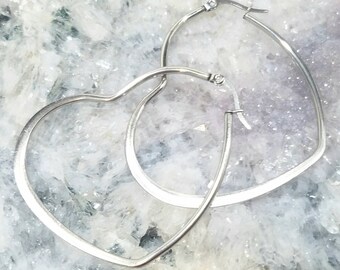Stainless Steel Large Heart Hoop Earrings Silver Moon Goddess Metal of Protection Reiki Healing Hypoallergenic