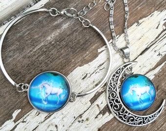 Mystical Unicorn Silver Bracelet Necklace Pendant Set Glass Fantasy Goddess Jewelry Magick Wicca Wiccan Pagan
