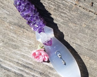 Athame Knife Hand Made Amethyst Selenite Terahertz Dagger Large Occult Ceremony Pentagram Magick Witchcraft Pagan Wicca Chakra Crystal