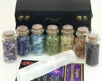 9pc Chakra Bottle Gemstone Chip Kit Crystal Set Raw Gemstone Treasure Chest Box Selenite Wicca Reiki Clear Meditation Yoga Healing Gift