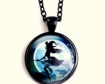 Halloween Witch Riding a Broom Necklace Black Moon Pendant Pagan Wicca Witchy Occult Jewelry Boho Charm Halloween Tarot Cos Play