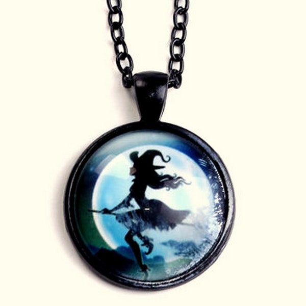 Halloween Witch Riding a Broom Necklace Black Moon Pendant Pagan Wicca Witchy Occult Jewelry Boho Charm Halloween Tarot Cos Play