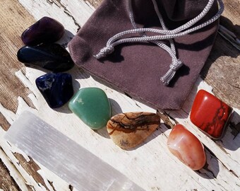 Gemstone CHAKRA KIT Beginner Set of 7 Chakra Balancing Alignment Tumbled Crystal Selenite Charging Wicca Reiki Meditation Healing Gift Pouch