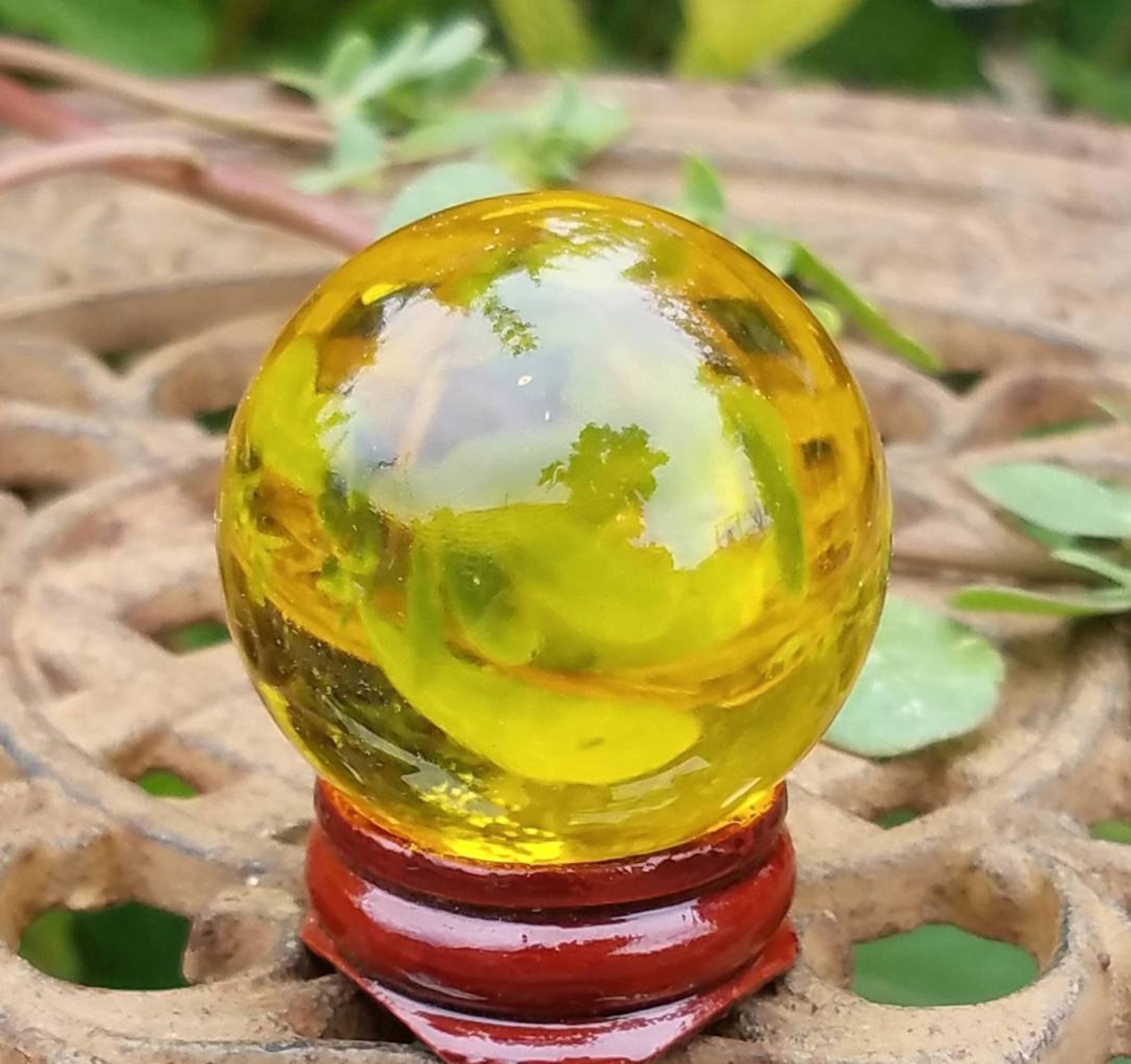 Yellow Glass Crystal Ball Wood Stand 40mm Divination Gazing Etsy