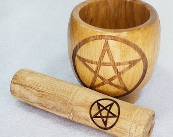 Wood Witches Pentagram Pentacle Mortar Pestle Herb Grinding Kitchen Witch Herbal Apothecary Spice Wiccan Ritual Altar Tool Spices Grinder