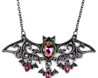 Bat Crystal Pendant Necklace Vintage Silver Halloween Pink All Hallows Eve Moon Goddess Energy Witch Pagan Wicca Goth Boho Wiccan Occult