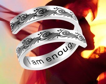 I Am Enough Stainless Steel Silver Ring Goddess Metal of Protection Reiki Healing Hypoallergenic Inspiration Empower Strength Gift