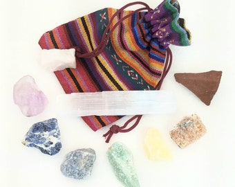7pc Chakra Alignment Raw Gemstone Crystal Set Selenite Charging Stick Hippy Bag Gemstone Wicca Reiki New Age Meditation Yoga Healing Gift