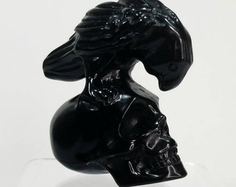 Black Obsidian Crystal Skull Crow Bird Hand Carved Statue Fantasy Home Office Decor Metaphysical Crystal Reiki Healing Wicca Witch Pagan