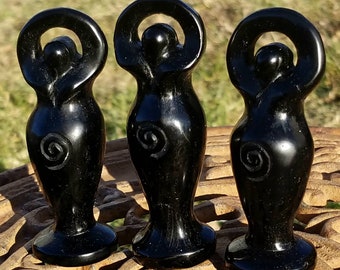 Black Obsidian Gaia Goddess Statue Figurine Crystal Hand Carved Healing Reiki Wicca Witch Occult Altar Talisman Pagan Decor