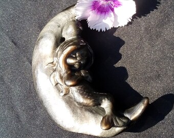 Enchanting Mermaid Crescent Moon Silver Sheen Obsidian Hand Carved Crystal Stone Altar Ocean Sea Goddess Witch Halloween Gift