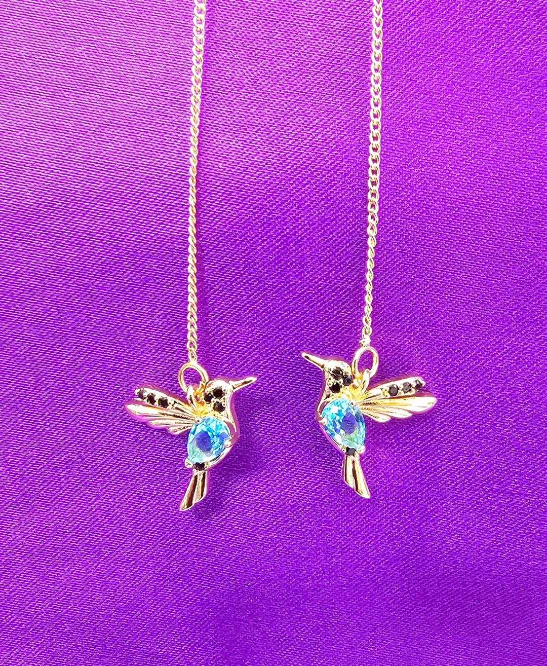 Hummingbird Ear Pull Through Thread Threader Earrings Gold Dangle Bird