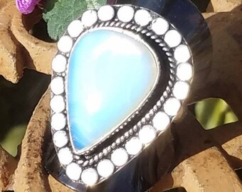 Opalite Ring Crystal Stone Size 9 Gemstone Bali Sterling Silver Large Reiki Charged Chakra Moon Goddess Energy Healing Moonstone