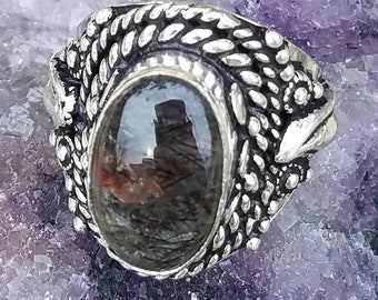 Black Rutile Quartz Gemstone Ring sz8.5 Design Crystal Bali Sterling Silver Rutilated Reiki Chakra Purify Amplifies Energy Healing