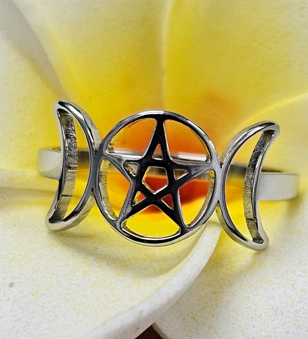 Triple Goddess Pentacle Pendulum Stainless Steel Silver Ring Witch ...