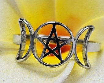 Triple Goddess Pentacle Pendulum Stainless Steel Silver Ring Witch Witches Wicca Witchy Pagan Wiccan Metal of Protection Adjustable Gift