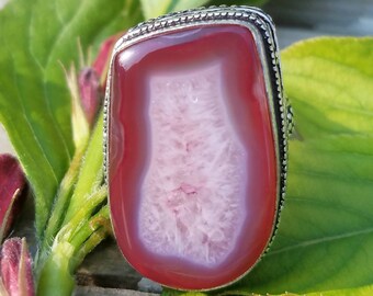 Stalactite Slice Burgundy Solar Quartz Gemstone Ring Crystal Bali Sterling Silver Reiki Chakra Moon Energy Protect Amplifies Energy Healing