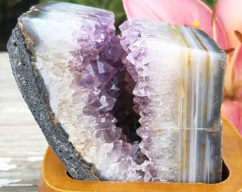 Purple Amethyst Vug Crystal Cluster Polished Custom Made Wood Stand Quartz Metaphysical Decor Feng Shui Third Eye Chakra Protection Stone