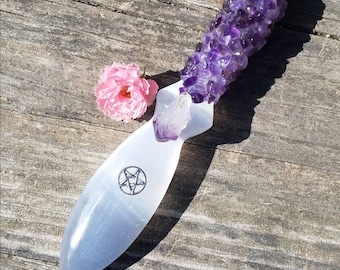 Athame Knife Hand Made Amethyst Selenite Dagger Goddess Large Occult Ceremony Pentagram Magick Witchcraft Pagan Wicca Chakra Crystal