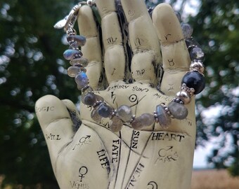 Labradorite Teardrop Bracelet Handcrafted Handcarved Beads 'Divine Transformation' Bali Sterling Silver Toggle Reiki Charged Crystal Healing