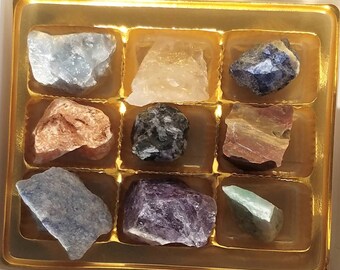 9 Crystal Set Gift Boxed Raw Rough Natural Stone Crystal Healing Protection Chakra Metaphysical Wiccan Pagan Reiki Shaman Magic