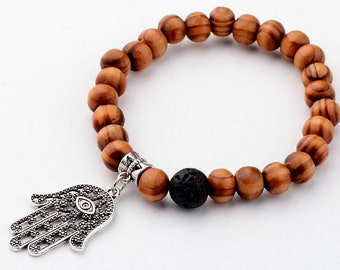 Pulsera de ansiedad Hamsa Hand Lava Bead Evil Eye Wood Aromatherapy Diffuser Scent Yoga Essential Oil Basalt Metaphysical New Age Meditation