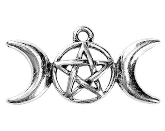 Triple Goddess Crescent Moon Charm Pendant Pentagram Holy Trinity Necklace Silver Stainless Steel Pagan Wicca Witch