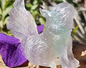 Squirrel Rainbow Fluorite Crystal Spirit Animal Talisman Totem Hand Carved Purple Reiki Chakra Metaphysical Meaning Gemstone Stone Quartz