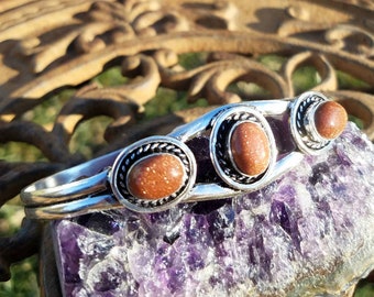 Goldstone Gemstone Cuff Bracelet Crystal Bali Sterling Silver Bangle Hand Crafted Reiki Chakra Crown Moon Energy Healing Psychic Stone
