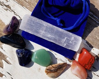 7pc Chakra Alignment Tumbled Crystal Set Selenite Charging Stick Blue Velvet Bag Gemstones Wicca Reiki New Age Meditation Yoga Healing Gift