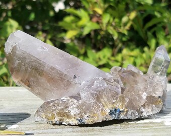 Gold Rutilated Smoky Specularite Hematite Quartz Crystal Cluster Etched Dt Rainbow Healed Included Double Terminated Collector Specimen