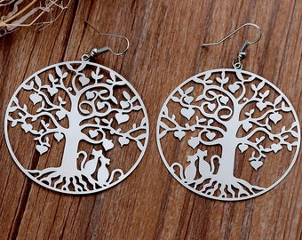 Tree of Life Silver Dangle Earrings Cat Abundance Soul Healing Transformation Wicca Pagan Witch Meditation Reiki Infused Chakra Yoga