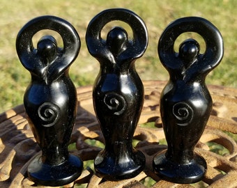 Black Obsidian Gaia Goddess Statue Figurine Crystal Hand Carved Healing Reiki Wicca Witch Occult Altar Talisman Pagan Decor