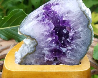 Purple Amethyst Vug Crystal Cluster Polished Custom Made Wood Stand Quartz Metaphysical Decor Feng Shui Third Eye Chakra Protection Stone